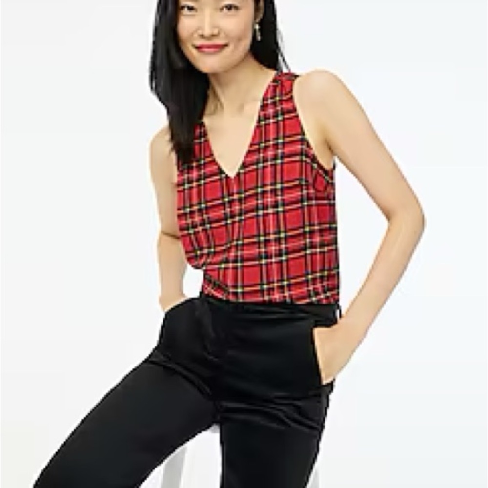 NWT J.Crew Plaid Tartan Sleeveless V-Neck Blouse Top Red Large